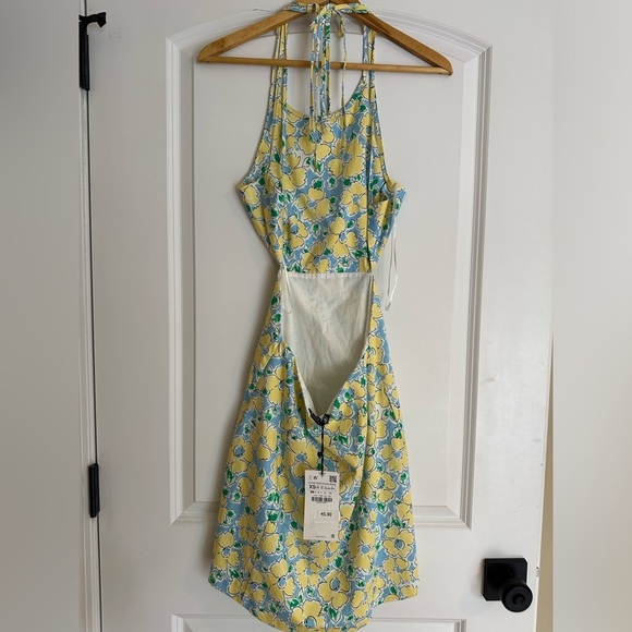 NWT ZARA Blue Yellow White Floral Cutout Backless Halter Mini Dress - Picture 6 of 7